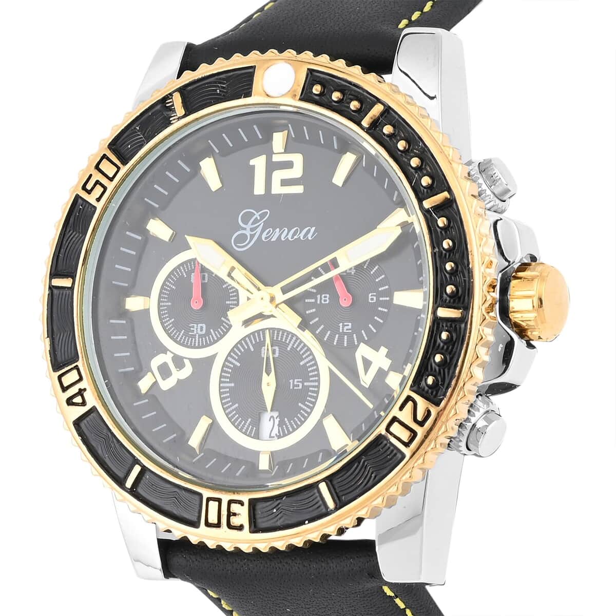 Genoa Multifunctional Quartz Movement Watch with Yellow Line and Black Leather Strap (45mm) (8.0-9.25Inches) image number 3