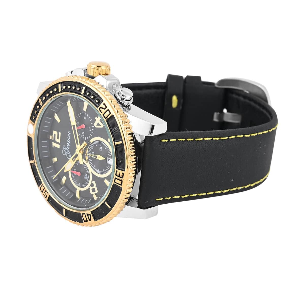 Genoa Multifunctional Quartz Movement Watch with Yellow Line and Black Leather Strap (45mm) (8.0-9.25Inches) image number 4