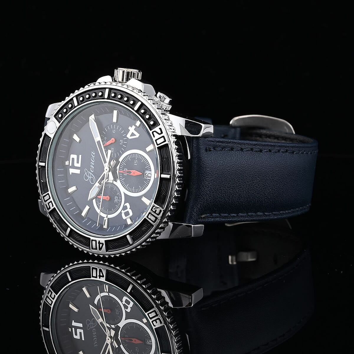 Genoa Multifunctional Quartz Movement Watch with Navy Blue Line and Leather Strap (45mm) (8.0-9.25Inches) image number 1