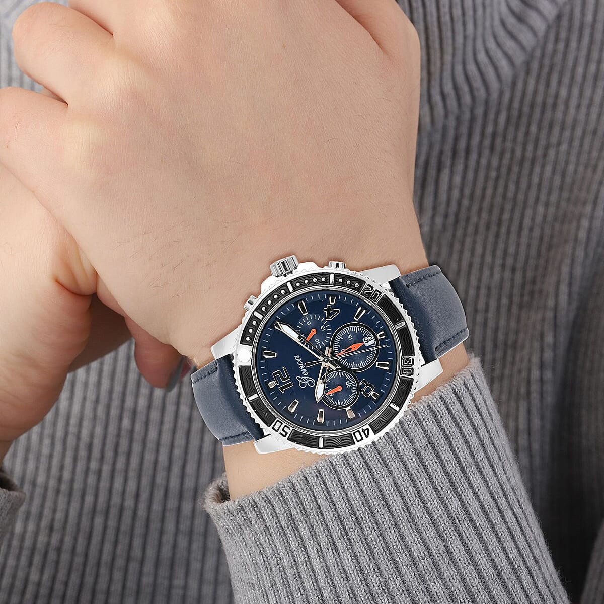 Genoa Multifunctional Quartz Movement Watch with Navy Blue Line and Leather Strap (45mm) (8.0-9.25Inches) image number 2