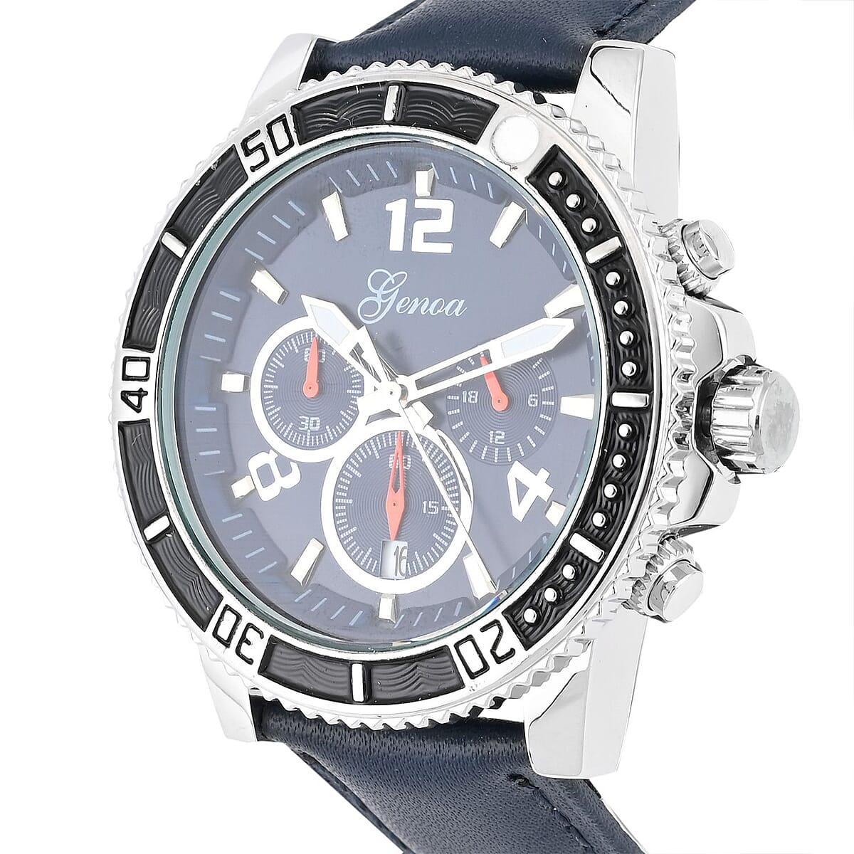 Genoa Multifunctional Quartz Movement Watch with Navy Blue Line and Leather Strap (45mm) (8.0-9.25Inches) image number 3