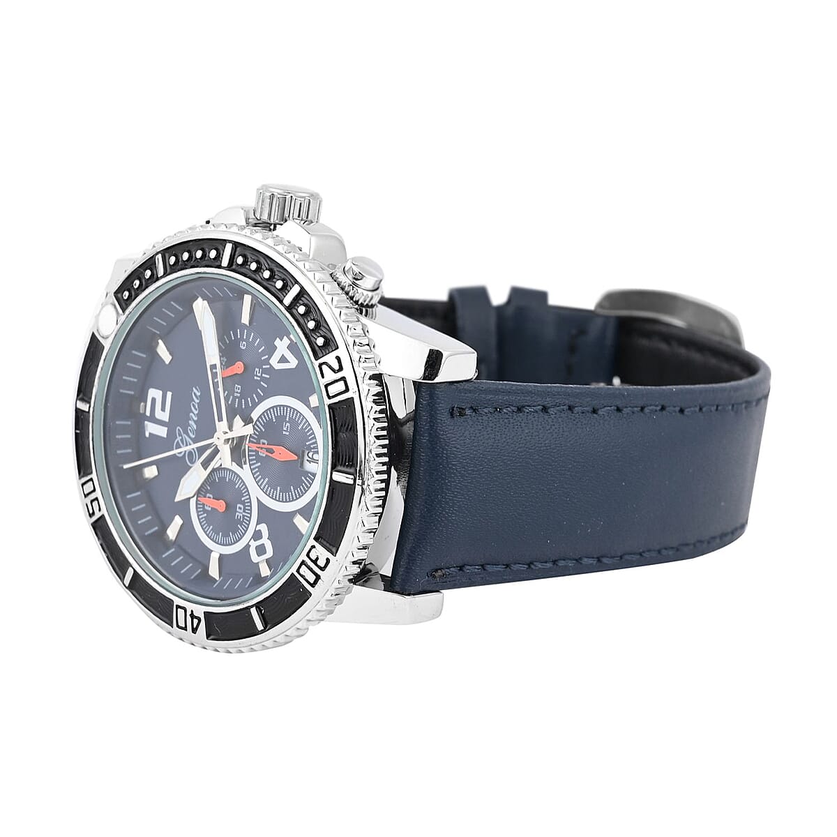 Genoa Multifunctional Quartz Movement Watch with Navy Blue Line and Leather Strap (45mm) (8.0-9.25Inches) image number 4