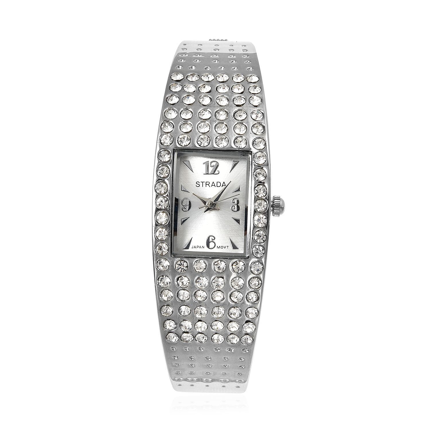 Strada Austrian Crystal Japanese Movement Bangle Watch with Silvertone Strap (19.55x17.80mm) (up to 6.50 Inches) 3.00 ctw