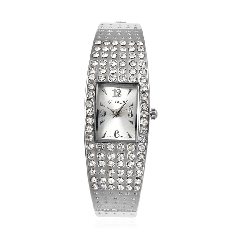 Strada Austrian Crystal Japanese Movement Bangle Watch with Silvertone Strap (19.55x17.80mm) (up to 6.50 Inches) 3.00 ctw