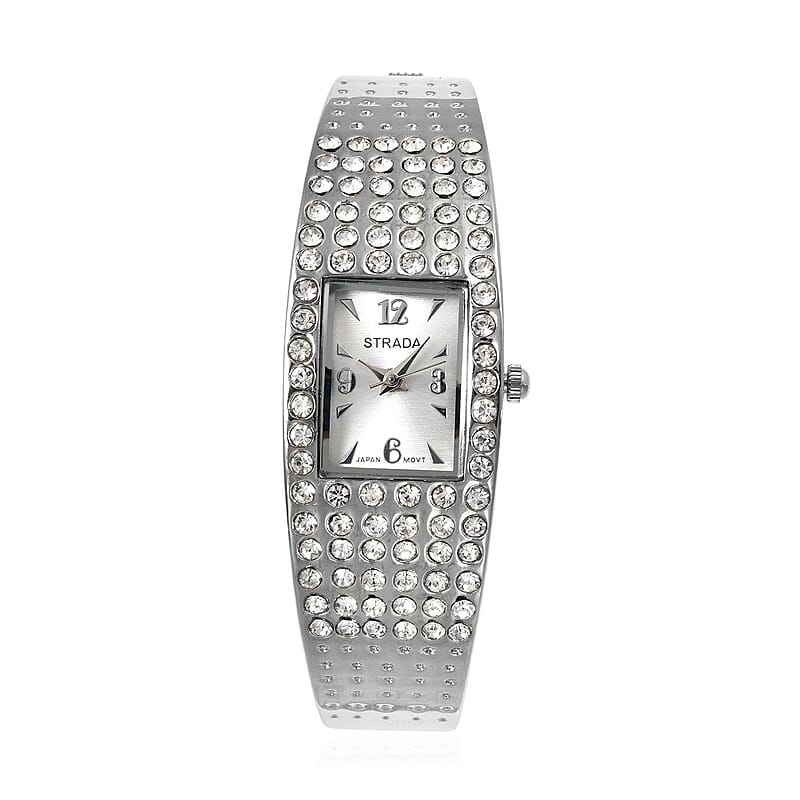 Strada Austrian Crystal Japanese Movement Bangle Watch with Silvertone Strap (19.55x17.80mm) (up to 6.50 Inches) 3.00 ctw