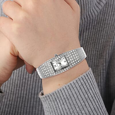 Strada Austrian Crystal Japanese Movement Bangle Watch with Silvertone Strap (19.55x17.80mm) (up to 6.50 Inches) 3.00 ctw