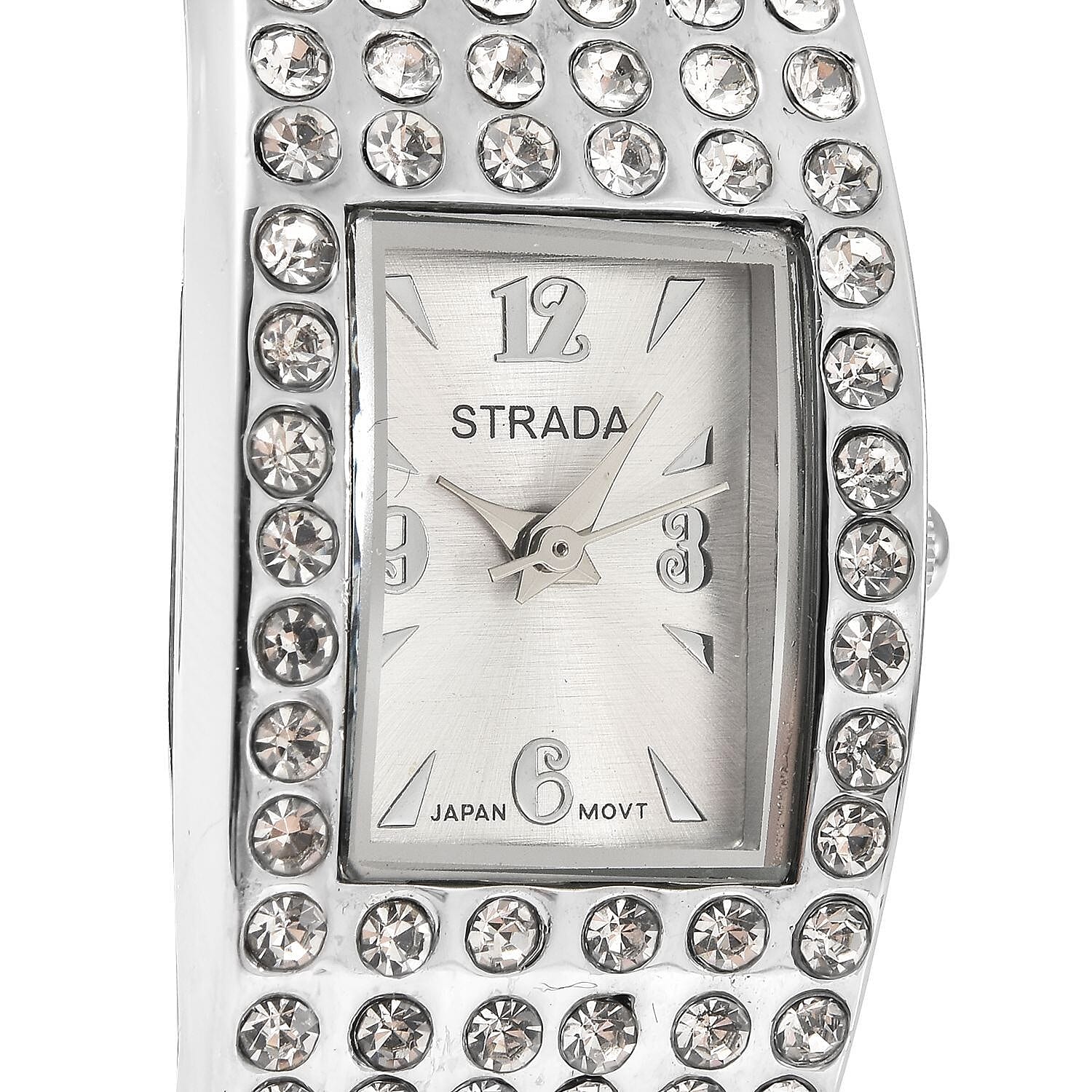 Strada Austrian Crystal Japanese Movement Bangle Watch with Silvertone Strap (19.55x17.80mm) (up to 6.50 Inches) 3.00 ctw