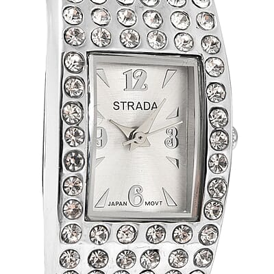 Strada Austrian Crystal Japanese Movement Bangle Watch with Silvertone Strap (19.55x17.80mm) (up to 6.50 Inches) 3.00 ctw
