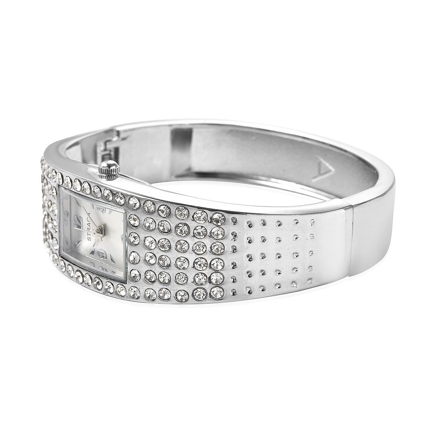 Strada Austrian Crystal Japanese Movement Bangle Watch with Silvertone Strap (19.55x17.80mm) (up to 6.50 Inches) 3.00 ctw
