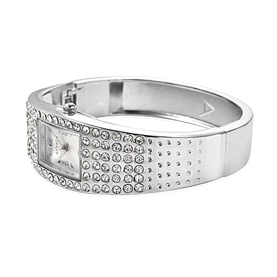 Strada Austrian Crystal Japanese Movement Bangle Watch with Silvertone Strap (19.55x17.80mm) (up to 6.50 Inches) 3.00 ctw