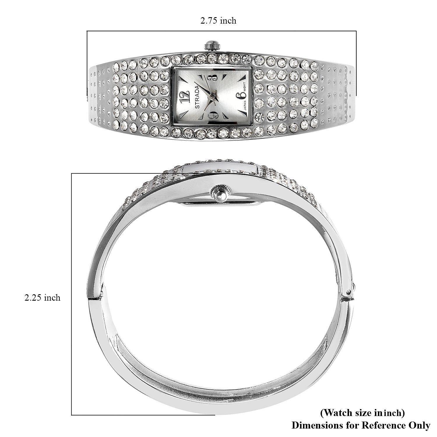 Strada Austrian Crystal Japanese Movement Bangle Watch with Silvertone Strap (19.55x17.80mm) (up to 6.50 Inches) 3.00 ctw