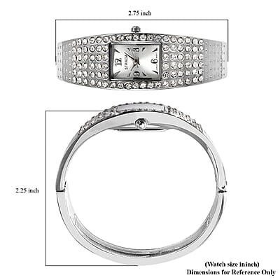 Strada Austrian Crystal Japanese Movement Bangle Watch with Silvertone Strap (19.55x17.80mm) (up to 6.50 Inches) 3.00 ctw