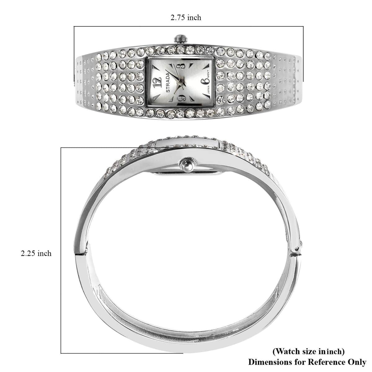 STRADA Austrian Crystal Japanese Movement Bangle Watch with Silvertone Strap (19.55x17.80mm) (up to 6.50 Inches) 3.00 ctw image number 6