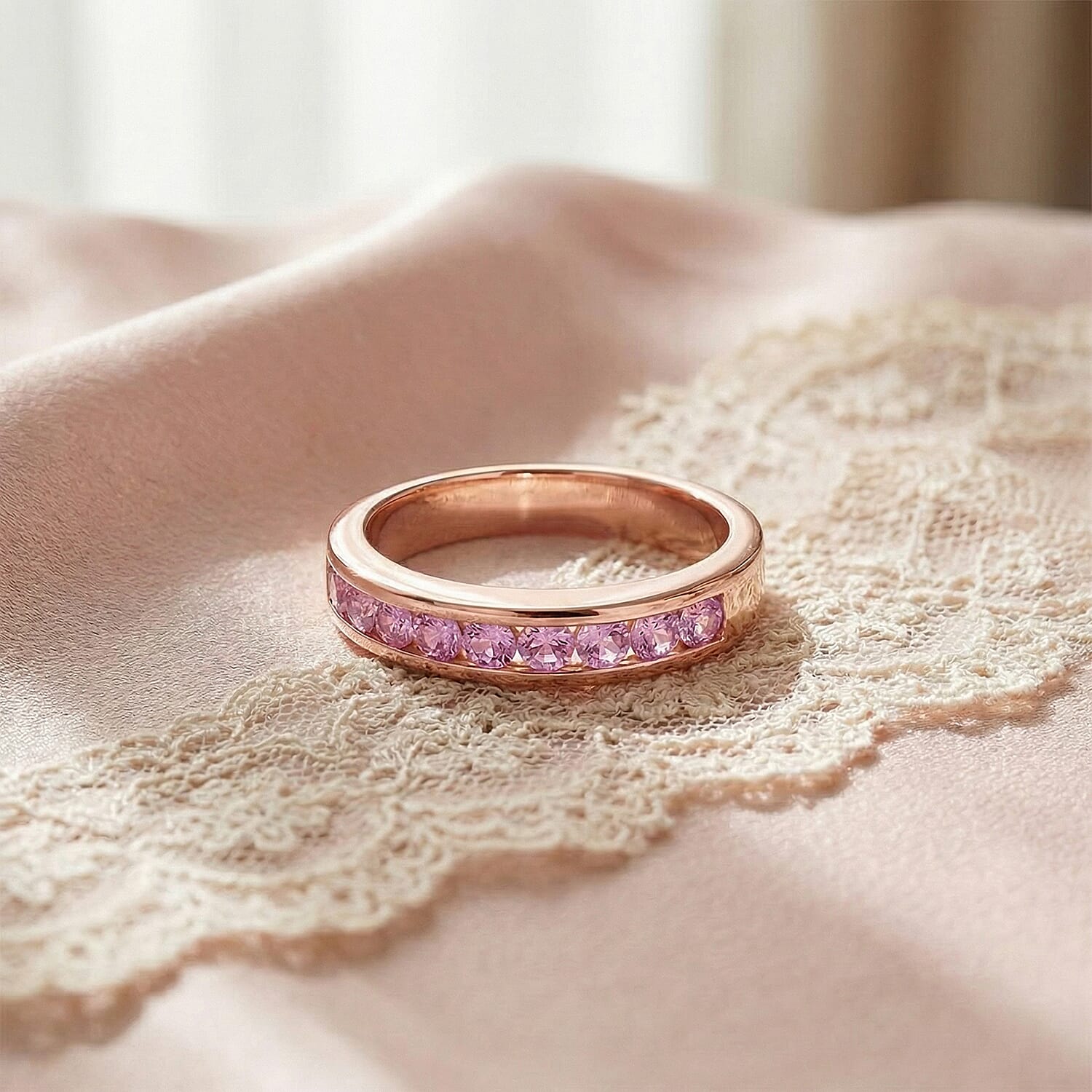 Pink Sapphire 1.10 ctw Band Ring in 14K Rose Gold Over Sterling Silver (Size 8.0)