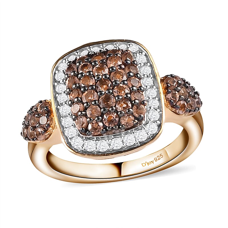 Jenipapo Andalusite and Natural White Zircon Cluster Ring in Rhodium and Vermeil YG Over Sterling Silver (Size 10.0) 1.15 ctw