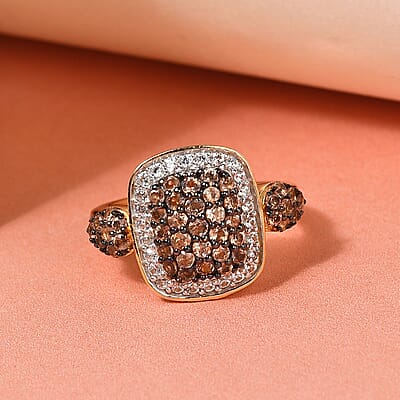 Jenipapo Andalusite and Natural White Zircon Cluster Ring in Rhodium and Vermeil YG Over Sterling Silver (Size 10.0) 1.15 ctw