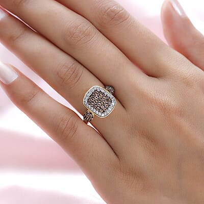 Jenipapo Andalusite and Natural White Zircon Cluster Ring in Rhodium and Vermeil YG Over Sterling Silver (Size 10.0) 1.15 ctw