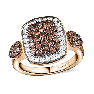 Jenipapo Andalusite and Natural White Zircon Cluster Ring in Rhodium and Vermeil YG Over Sterling Silver (Size 7.0) 1.15 ctw