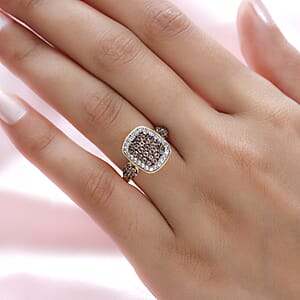 Jenipapo Andalusite and Natural White Zircon Cluster Ring in Rhodium and Vermeil YG Over Sterling Silver (Size 7.0) 1.15 ctw