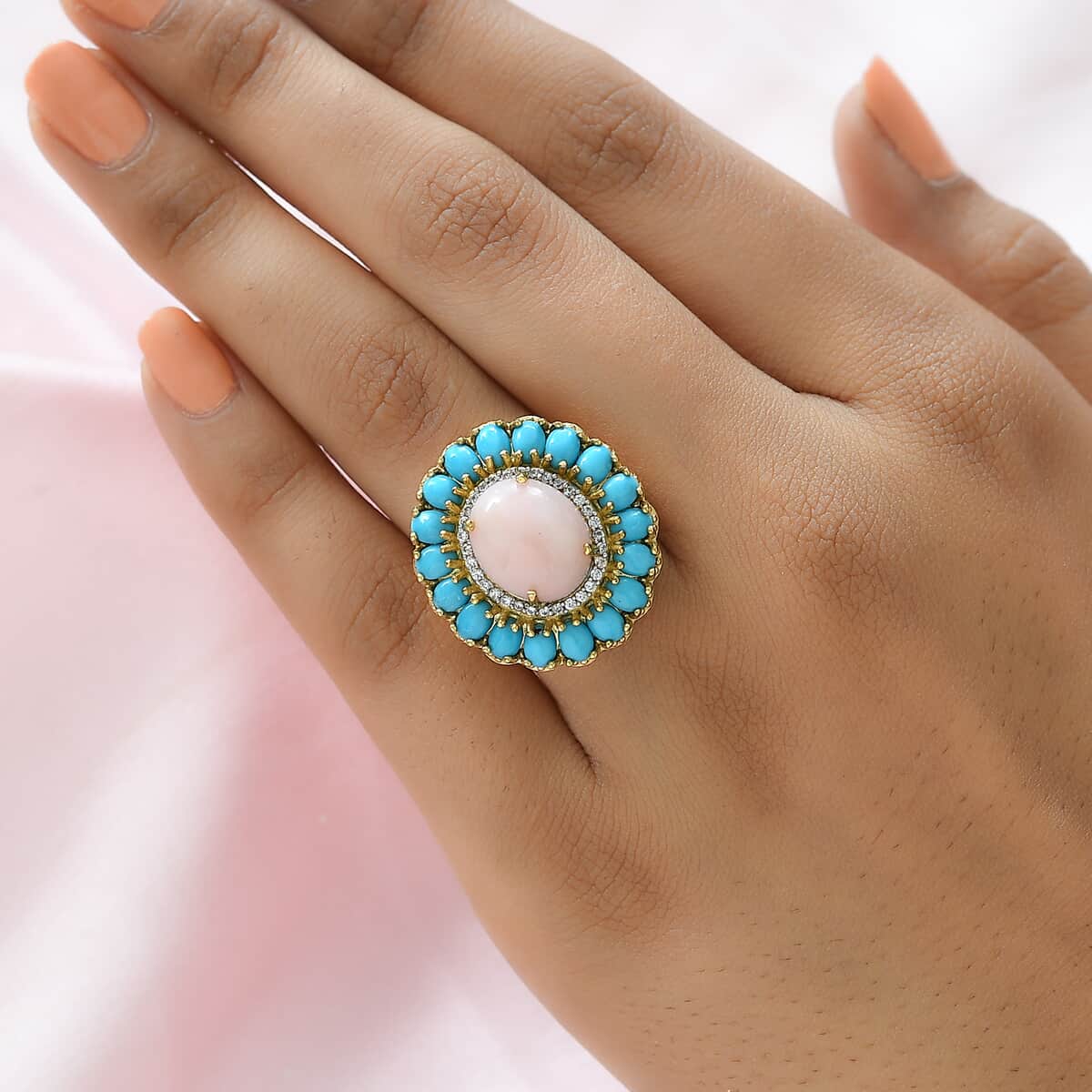 Peruvian Pink Opal and Multi Gemstone Cocktail Ring in Vermeil YG Over Sterling Silver (Size 10.0) 7.35 ctw image number 2