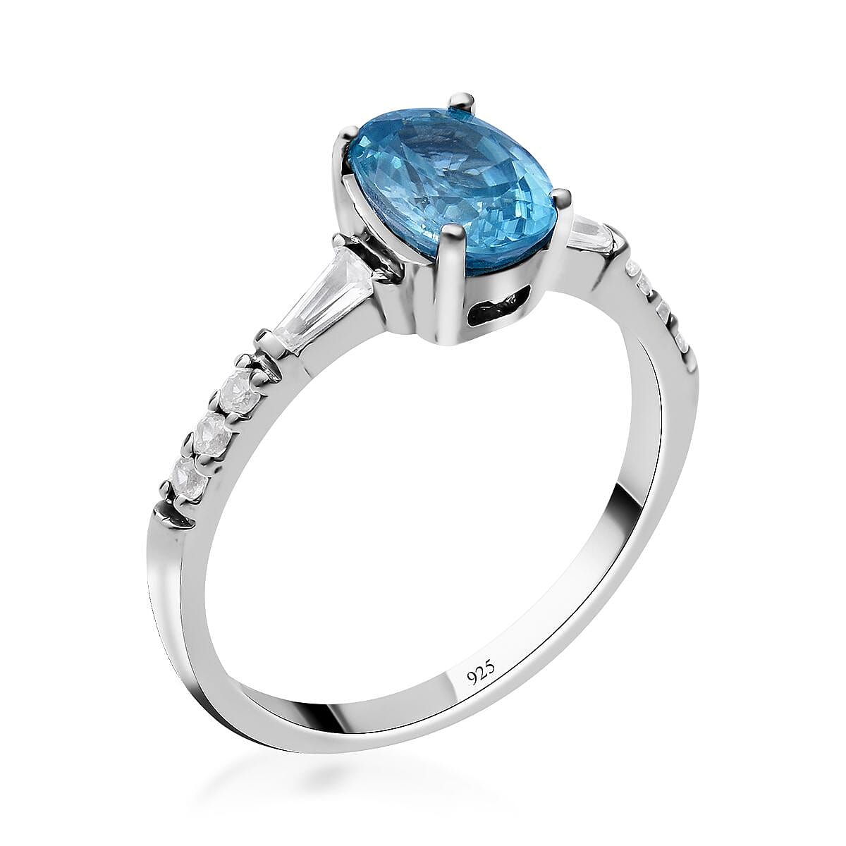 Cambodian Blue Zircon and Natural White Zircon Ring in Platinum Over Sterling Silver (Size 10.0) 2.25 ctw image number 2
