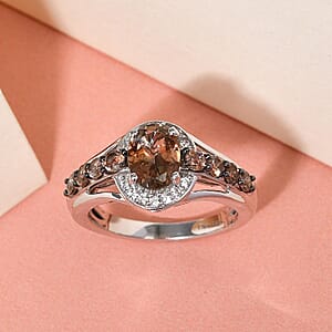 Jenipapo Andalusite and Natural White Zircon Ring in Platinum Over Sterling Silver (Size 7.0) 2.00 ctw