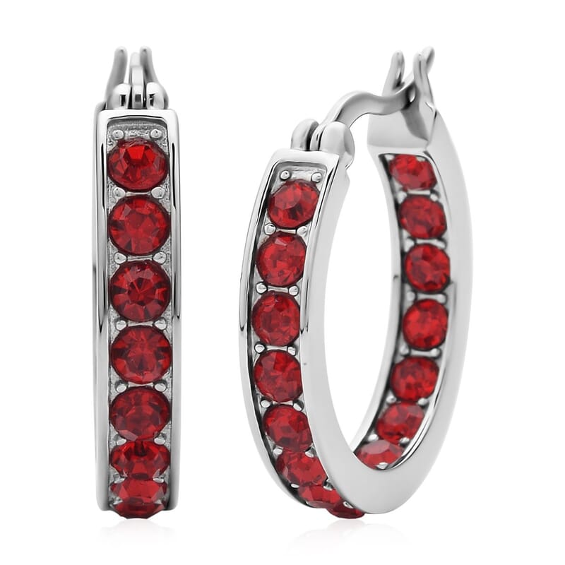 Ruby Color Austrian Crystal Inside Out Hoop Earrings in Stainless Steel