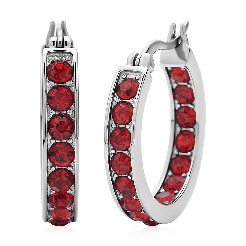 Ruby Color Austrian Crystal Inside Out Hoop Earrings in Stainless Steel