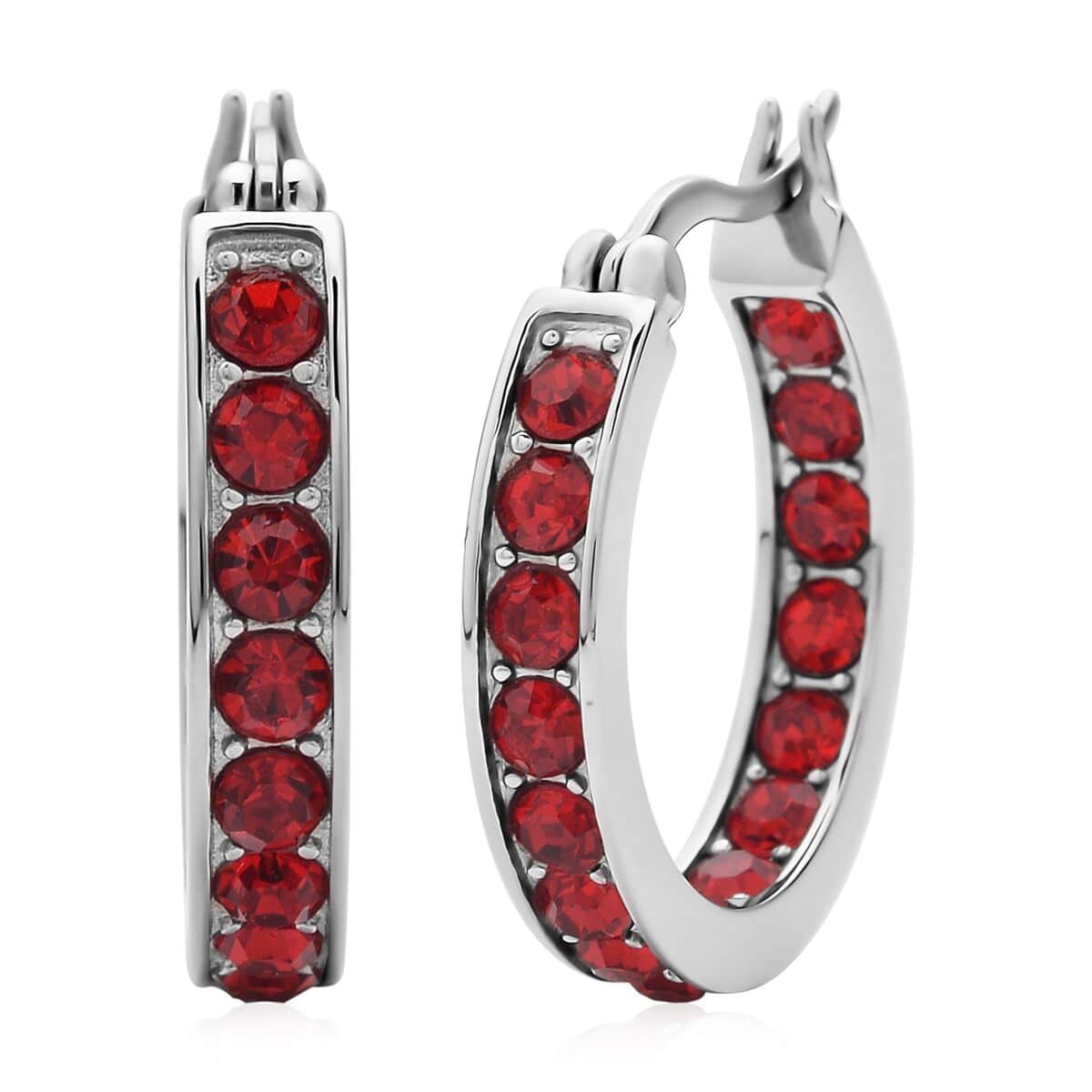 Ruby Color Austrian Crystal Inside Out Hoop Earrings in Stainless Steel image number 0