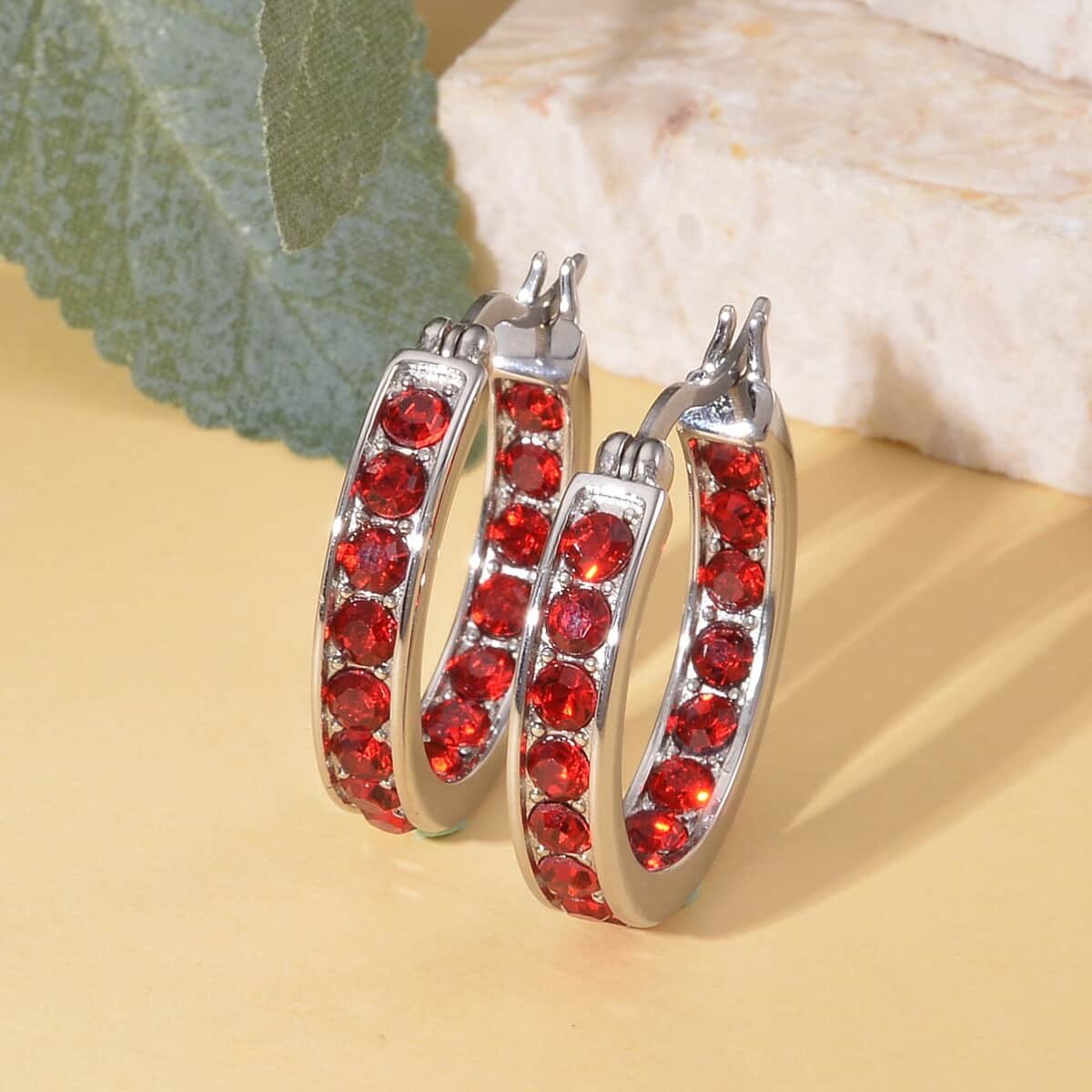 Ruby Color Austrian Crystal Inside Out Hoop Earrings in Stainless Steel image number 1