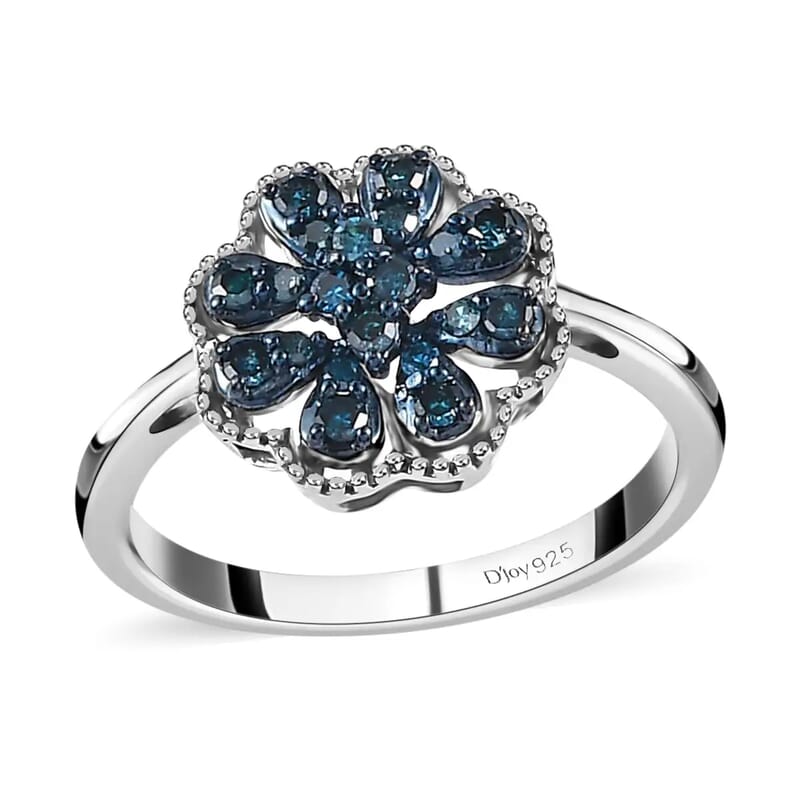 Blue Diamond Floral Ring,  Rhodium & Platinum Over Sterling Silver Ring, Blue Diamond Cluster Ring, Rings For Her 0.25 ctw
