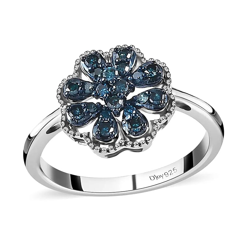 Blue Diamond Floral Ring,  Rhodium & Platinum Over Sterling Silver Ring, Blue Diamond Cluster Ring, Rings For Her 0.25 ctw