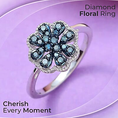 Blue Diamond Floral Ring,  Rhodium & Platinum Over Sterling Silver Ring, Blue Diamond Cluster Ring, Rings For Her 0.25 ctw