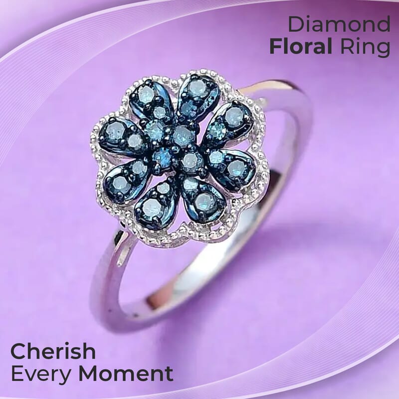 Blue Diamond Floral Ring,  Rhodium & Platinum Over Sterling Silver Ring, Blue Diamond Cluster Ring, Rings For Her 0.25 ctw