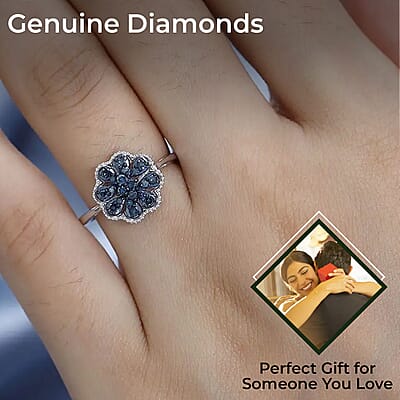 Blue Diamond Floral Ring,  Rhodium & Platinum Over Sterling Silver Ring, Blue Diamond Cluster Ring, Rings For Her 0.25 ctw