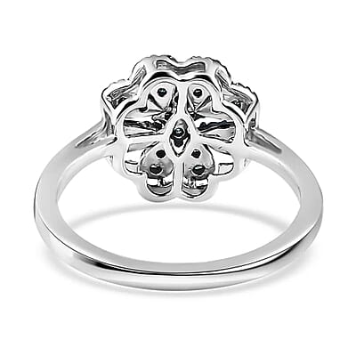 Blue Diamond Floral Ring,  Rhodium & Platinum Over Sterling Silver Ring, Blue Diamond Cluster Ring, Rings For Her 0.25 ctw