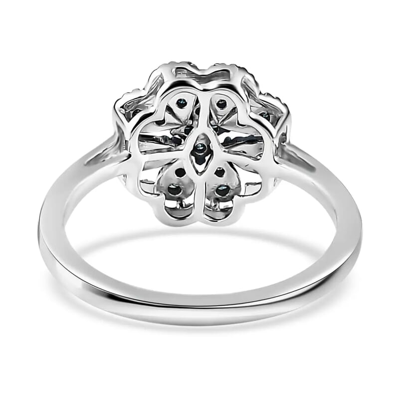 Blue Diamond Floral Ring,  Rhodium & Platinum Over Sterling Silver Ring, Blue Diamond Cluster Ring, Rings For Her 0.25 ctw