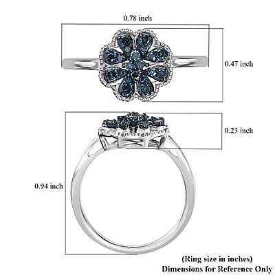 Blue Diamond Floral Ring,  Rhodium & Platinum Over Sterling Silver Ring, Blue Diamond Cluster Ring, Rings For Her 0.25 ctw