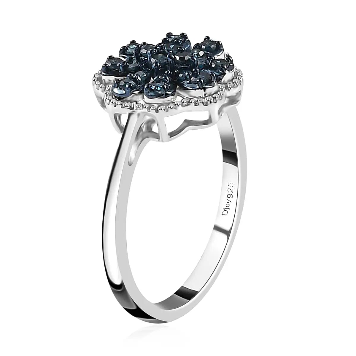 Blue Diamond Floral Ring,  Rhodium & Platinum Over Sterling Silver Ring, Blue Diamond Cluster Ring, Rings For Her 0.25 ctw image number 4