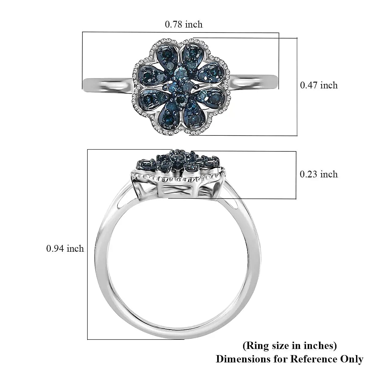 Blue Diamond Floral Ring,  Rhodium & Platinum Over Sterling Silver Ring, Blue Diamond Cluster Ring, Rings For Her 0.25 ctw image number 6