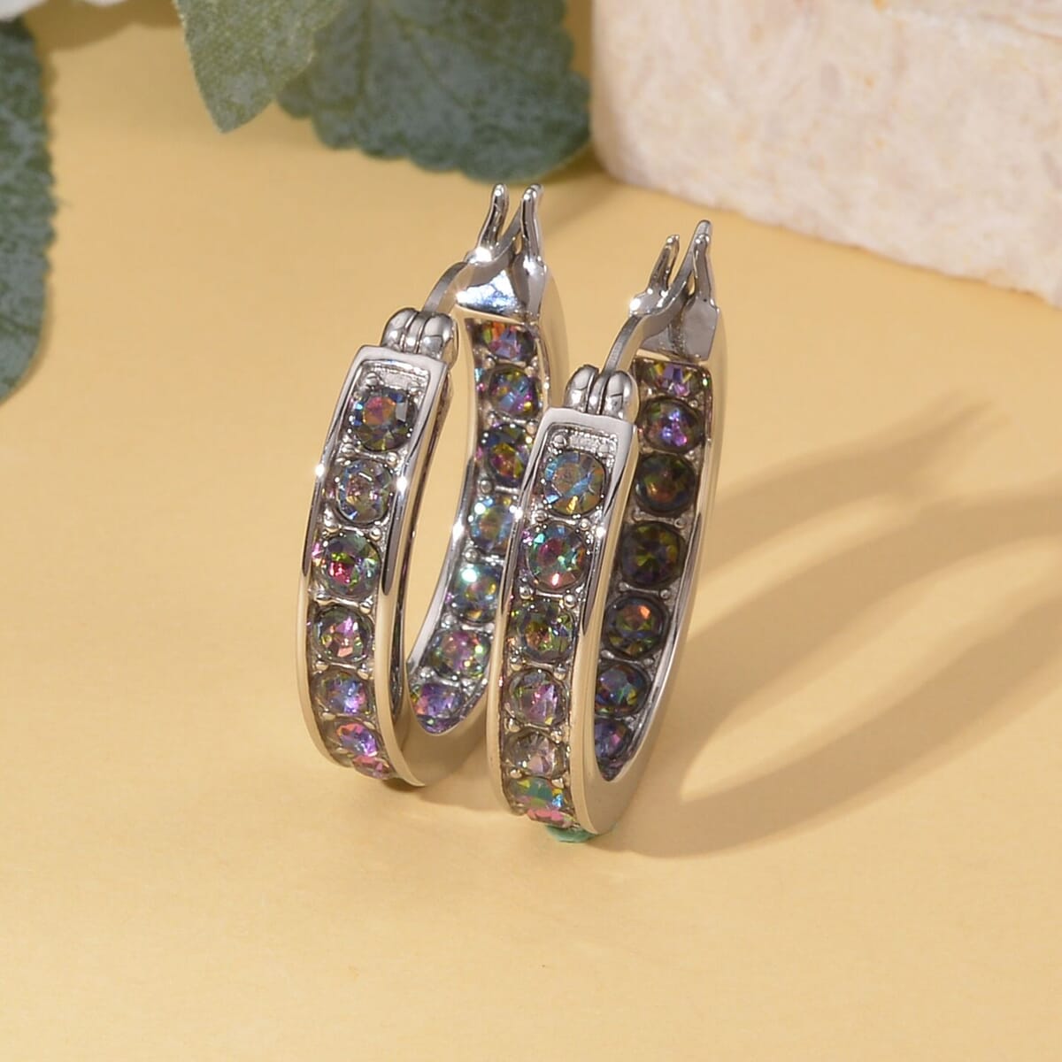 Multi Color Austrian Crystal Inside Out Hoop Earrings in Stainless Steel image number 1
