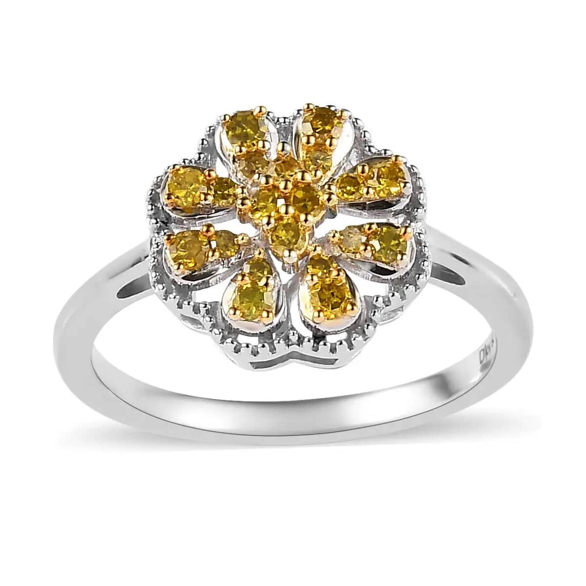 Yellow Diamond Floral Ring,  Rhodium & Platinum Over Sterling Silver Ring, Yellow Diamond Cluster Ring, Rings For Her 0.25 ctw image number 0