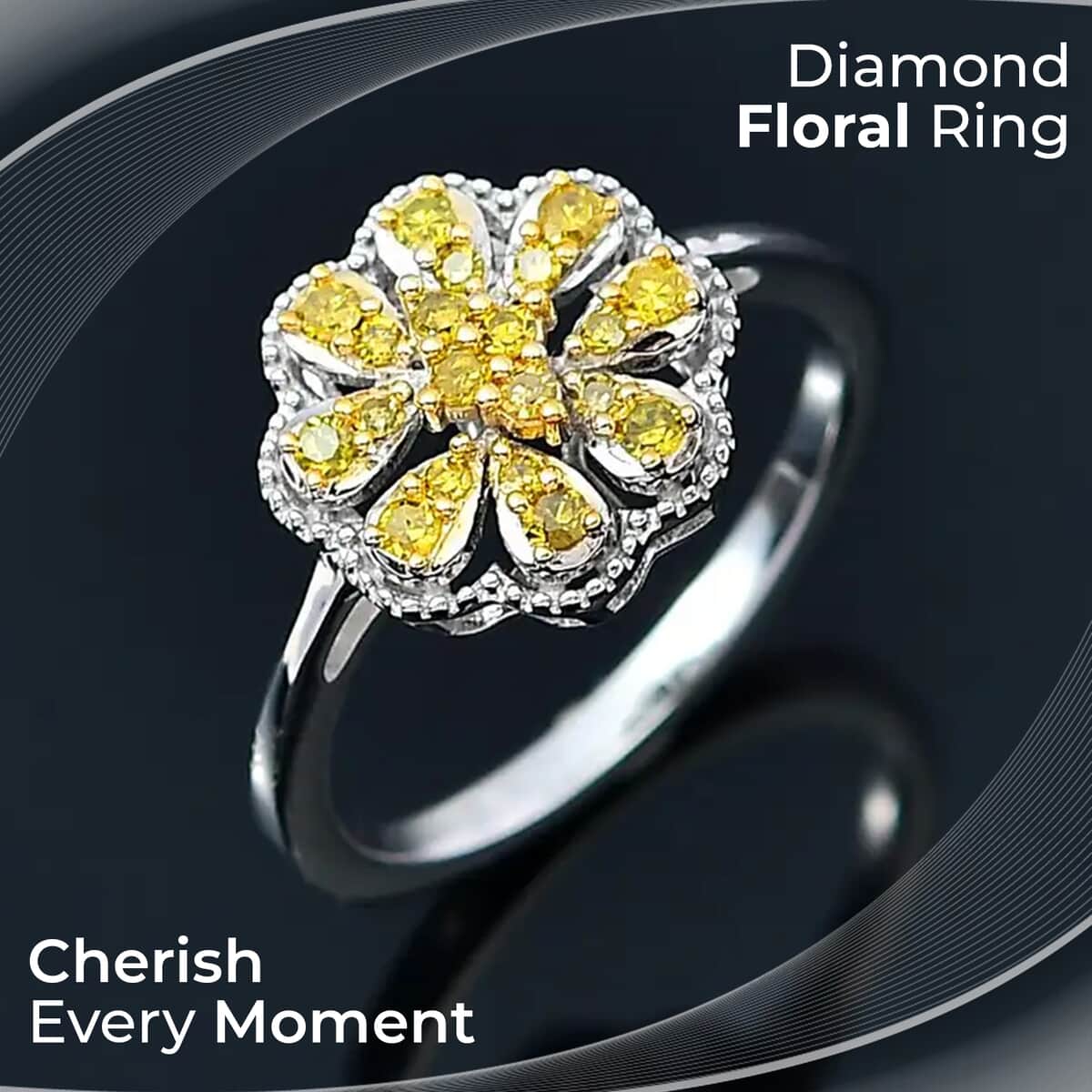 Yellow Diamond Floral Ring,  Rhodium & Platinum Over Sterling Silver Ring, Yellow Diamond Cluster Ring, Rings For Her 0.25 ctw image number 1