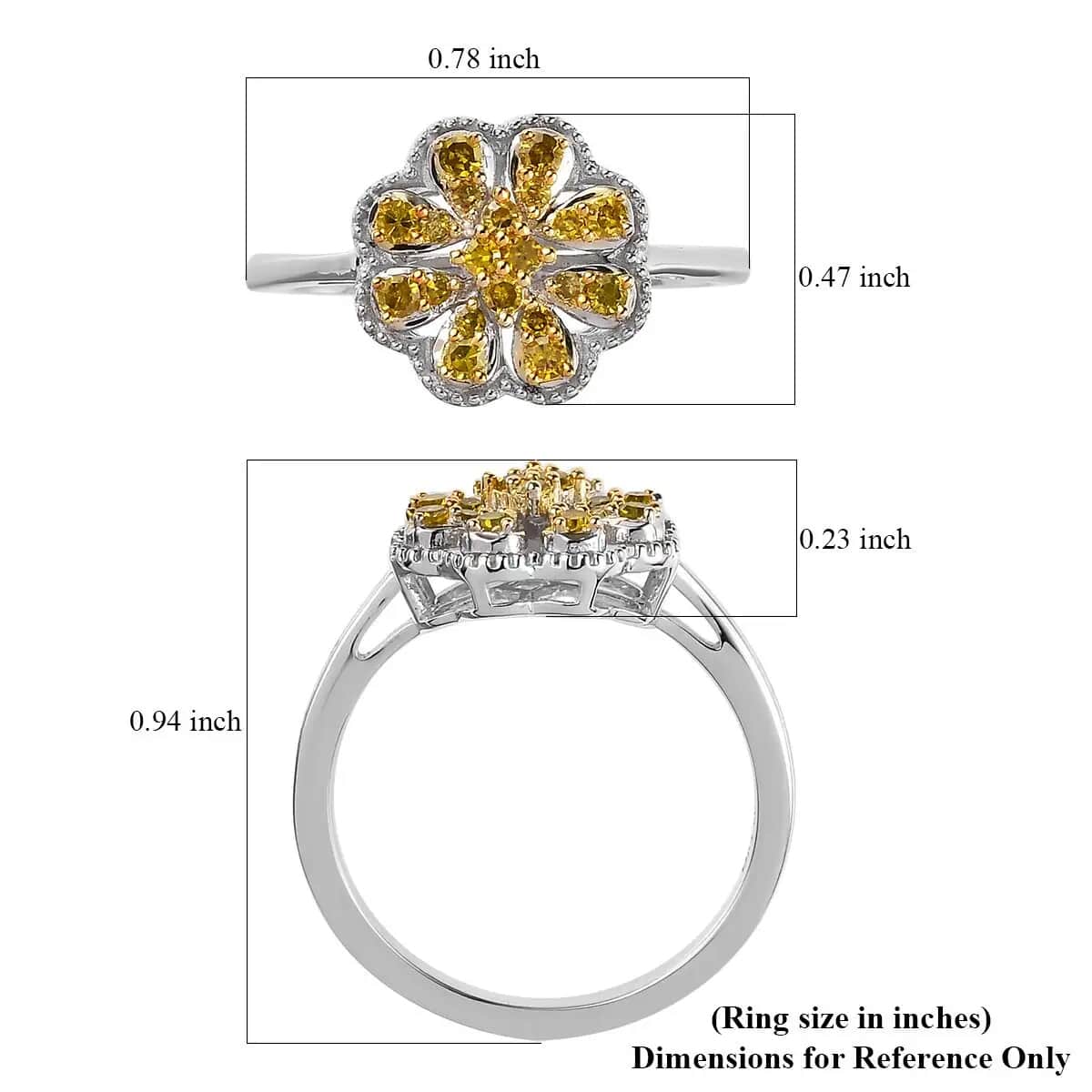 Yellow Diamond Floral Ring,  Rhodium & Platinum Over Sterling Silver Ring, Yellow Diamond Cluster Ring, Rings For Her 0.25 ctw image number 6