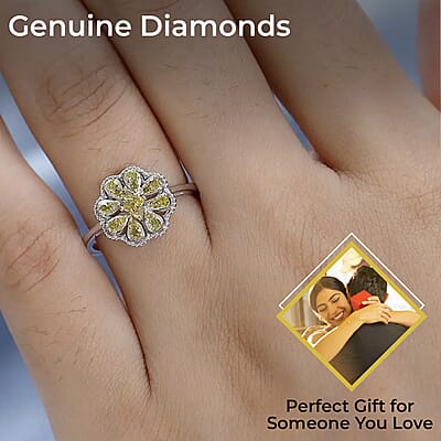 Yellow Diamond Floral Ring,  Rhodium & Platinum Over Sterling Silver Ring, Yellow Diamond Cluster Ring, Rings For Her 0.25 ctw