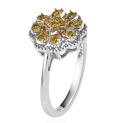 Yellow Diamond Floral Ring,  Rhodium & Platinum Over Sterling Silver Ring, Yellow Diamond Cluster Ring, Rings For Her 0.25 ctw