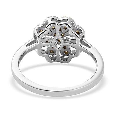 Yellow Diamond Floral Ring,  Rhodium & Platinum Over Sterling Silver Ring, Yellow Diamond Cluster Ring, Rings For Her 0.25 ctw