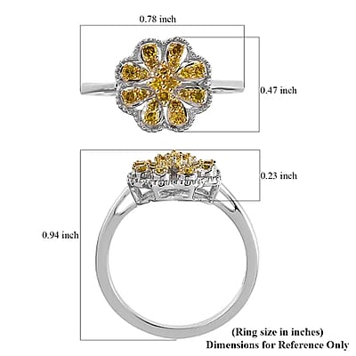 Yellow Diamond Floral Ring,  Rhodium & Platinum Over Sterling Silver Ring, Yellow Diamond Cluster Ring, Rings For Her 0.25 ctw