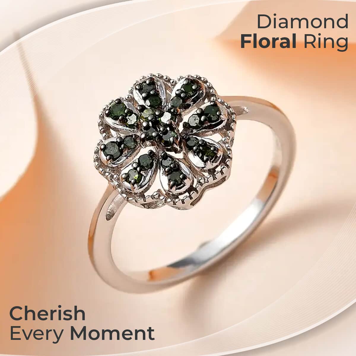 Green Diamond Floral Ring,  Rhodium & Platinum Over Sterling Silver Ring, Green Diamond Cluster Ring, Rings For Her 0.25 ctw image number 1