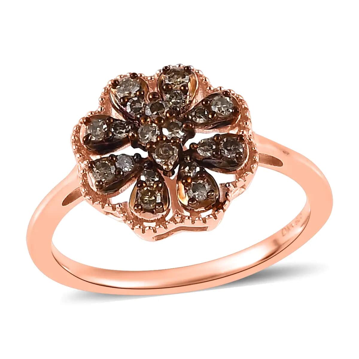Natural Champagne Diamond Floral Ring,  Rhodium & Vermeil Rose Gold Over Sterling Silver Ring, Natural Champagne Diamond Cluster Ring, Rings For Her 0.25 ctw image number 0